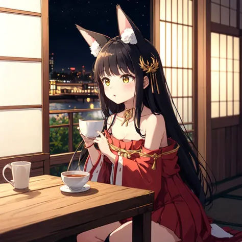 sfw, 1girl, solo, japanese house, looking away, sits at a table in a Japanese house and drinks sake, holding a cup, hot tea, window, night, moonlight, masterpiece, best quality, nagato, yellow eyes, black hair, very long hair, blunt bangs, sidelocks, hair ornament, fox ears, choker, japanese clothes, long sleeves, wide sleeves, detached sleeves, bare shoulders, hakama, hakama short skirt, hakama skirt, red pleated skirt, white kneehighs, red footwear   <lora:nagato_scarxzys:0.8>  <lora:add_detail:0.4>