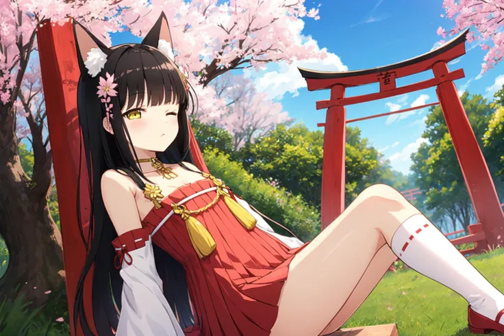 sitting, close view, sleeping, torii, under the giant sakura tree, japanese sanctuary, no expression, sakura leafs, evening, sun, blushes, one eye is closed, masterpiece, best quality, nagato, yellow eyes, black hair, very long hair, blunt bangs, sidelocks, hair ornament, fox ears, choker, japanese clothes, long sleeves, wide sleeves, detached sleeves, bare shoulders, hakama, hakama short skirt, hakama skirt, red pleated skirt, white kneehighs, red footwear <lora:nagato_scarxzys:0.8> <lora:add_detail:0.4>