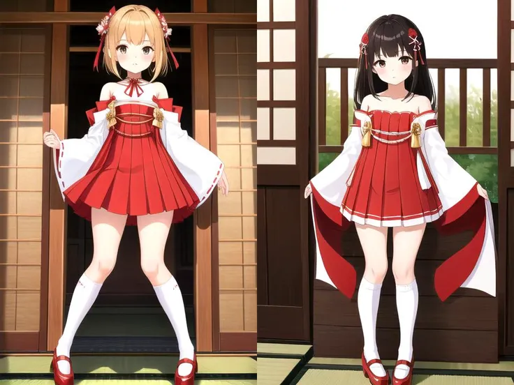 1girl,<lora:nagato_scarxzys:0.7>,japanese clothes,long sleeves,wide sleeves,detached sleeves,bare shoulders,hakama,hakama short skirt,hakama skirt,red pleated skirt,white kneehighs,red footwear,