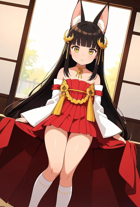 (masterpiece, best quality), 1girl, <lora:nagato_scarxzys:0.8> nagato, yellow eyes, black hair, very long hair, blunt bangs, sidelocks, hair ornament, fox ears, choker, japanese clothes, long sleeves, wide sleeves, detached sleeves, bare shoulders, hakama, hakama short skirt, hakama skirt, red pleated skirt, white kneehighs, red footwear