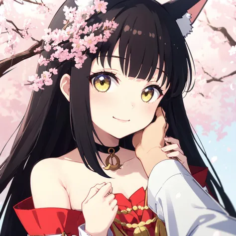 sfw, smile, evening, japanese shrine, cherry blossom trees, sakura leafs, pov, solo focus, focus on face, near face, upper body, 1girl, hand on another's cheek, 1boy, pov, disembodied hands, (pov_hands), masterpiece, best quality, nagato, yellow eyes, black hair, very long hair, blunt bangs, sidelocks, hair ornament, fox ears, choker, japanese clothes, long sleeves, wide sleeves, detached sleeves, bare shoulders, hakama, hakama short skirt, hakama skirt, red pleated skirt, white kneehighs, red footwear   <lora:nagato_scarxzys:0.8>  <lyco:concept_hoac-13:1>