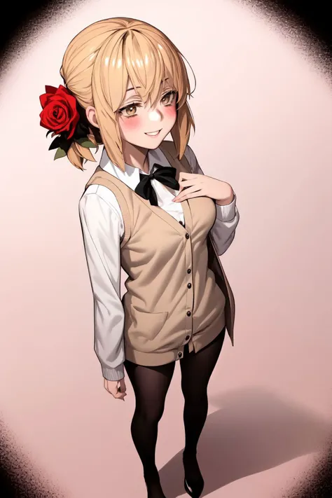 full body, solo, 1girl, look up to, smile, blush, small breasts, beige cardigan vest, sidelighting, Rose_Emblem \(flower\), floral background <lora:hxD_style_v01:1>