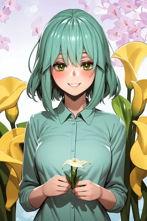 solo, 1girl, looking at viewer, smile, blush, medium breasts, light green collared shirt, lens flare, Calla_Lily \(flower\), floral background <lora:hxD_style_v01:1>