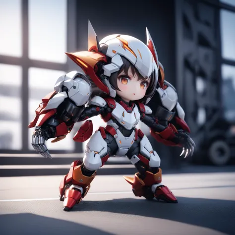 1girl, little chibi child wearing futuristic mechanical armor, solo, standing with combat stance,animal motif with large mechanical claw, girl's face out, color tone is red and orange, adorable anime face, Best quality, masterpiece, detailed and intricate, photorealistic texture, volumetric lighting <lora:PVC_X2:0.8>