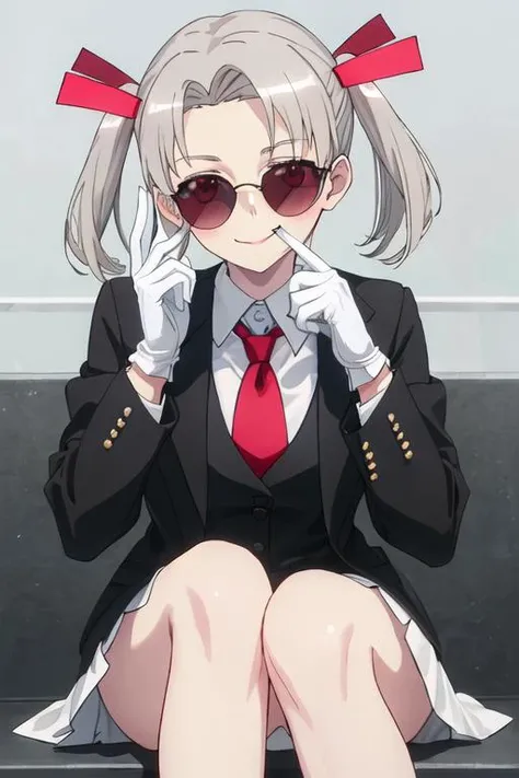 best quality, masterpiece, highres, solo, {black business suit:1.40}, {tie:1.20}, {sunglasses:1.25}, {white gloves:1.15}, {white shirt:1.10}, {black skirt:1.15}, {smoking:1.20}, handsome, {rikka_4ninwasorezoreusootsuku:1.15}, twintails, blush, red_eyes, smile, ribbon, grey_hair