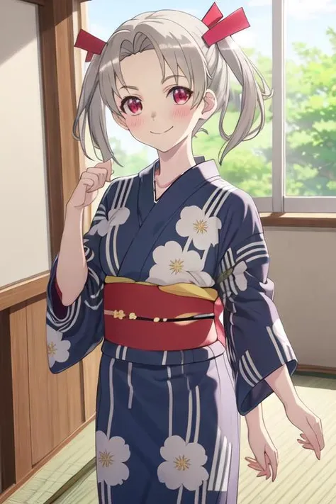 best quality, masterpiece, highres, solo, {yukata:1.40}, {kimono:1.20}, {rikka_4ninwasorezoreusootsuku:1.15}, twintails, blush, red_eyes, smile, ribbon, grey_hair