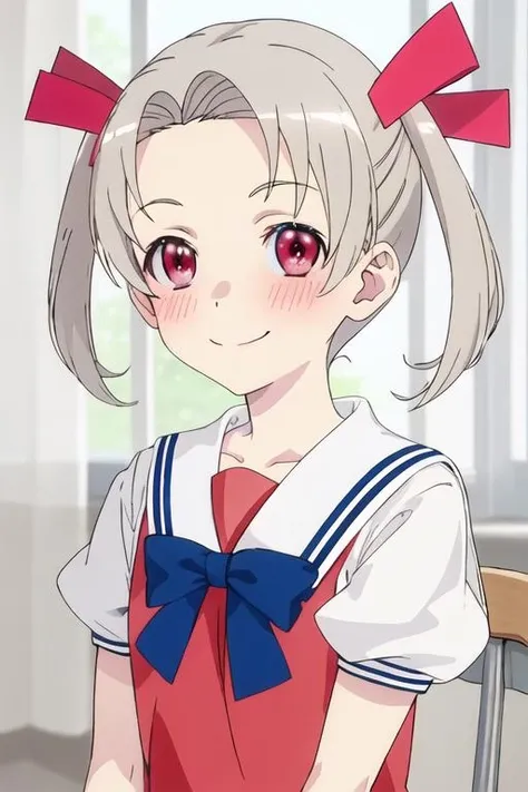 best quality, masterpiece, highres, solo, {rikka_4ninwasorezoreusootsuku:1.15}, twintails, blush, red_eyes, smile, ribbon, grey_hair, 1girl, anime_coloring, blue_bow, bow, sailor_collar, school_uniform, short_sleeves, white_sailor_collar, shirt, upper_body, parody
