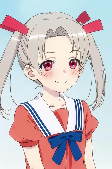 best quality, masterpiece, highres, solo, {rikka_4ninwasorezoreusootsuku:1.15}, twintails, blush, red_eyes, smile, ribbon, grey_hair, 1girl, school_uniform, closed_eyes, serafuku, parody, anime_coloring