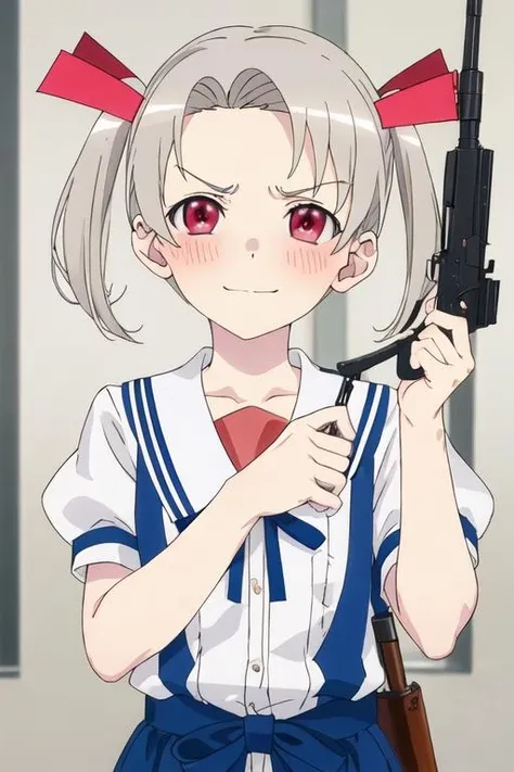 best quality, masterpiece, highres, solo, {rikka_4ninwasorezoreusootsuku:1.15}, twintails, blush, red_eyes, smile, ribbon, grey_hair, 1girl, gun, hair_ribbon, holding, parody, weapon, white_hair, holding_weapon, frown, hair_ornament, handgun, holding_gun