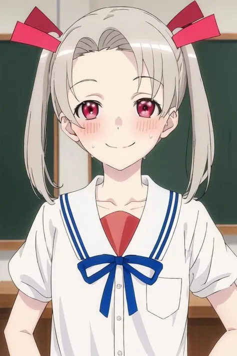 best quality, masterpiece, highres, solo, {rikka_4ninwasorezoreusootsuku:1.15}, twintails, blush, red_eyes, smile, ribbon, grey_hair, 1girl, parody, sweat, looking_at_viewer, school_uniform