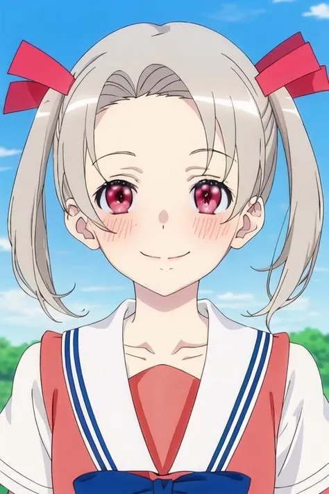 best quality, masterpiece, highres, solo, {rikka_4ninwasorezoreusootsuku:1.15}, twintails, blush, red_eyes, smile, ribbon, grey_hair, 1girl, hair_ribbon, school_uniform, serafuku, anime_coloring