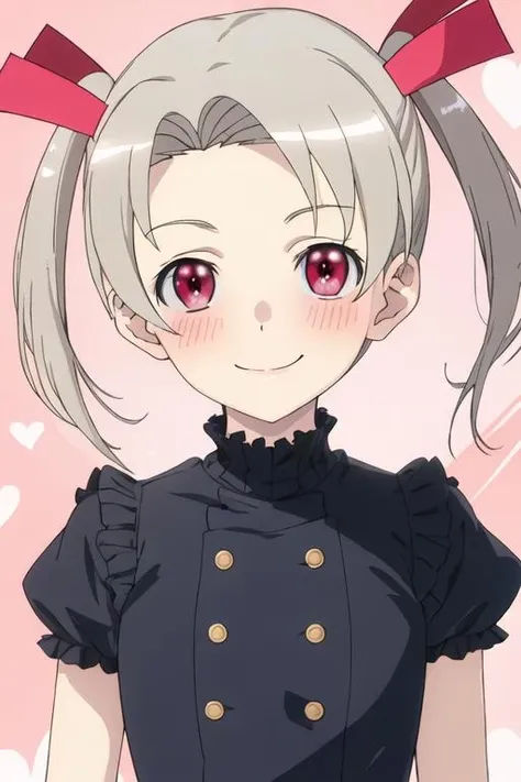 best quality, masterpiece, highres, solo, {rikka_4ninwasorezoreusootsuku:1.15}, twintails, blush, red_eyes, smile, ribbon, grey_hair