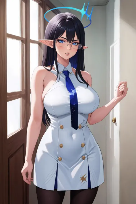 masterpiece, best quality, 1girl, solo, standing, <lora:rin-ba-richy-v1:1> rin, halo, sleeveless, necktie, white dress, pantyhose, mature female, parted lips, glasses