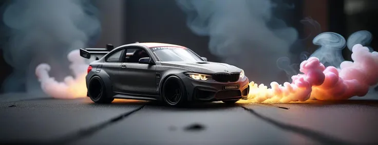 Black BMW AMG GT Mansory Mafia Sedan Car, In The Heat Of Race, Emerging From Heavy Smoke Background, 3D Render, Realistic Toy Car Render, Hard Lighting, Macro Lens, Bokeh Effect, Heavy Colorful Smoke Fogs Background, Smoke Everywhere, Filled Background, matte paints, scratched paint, paint dripping, <lora:GrayClay_V1.5.5:2> Gray Clay, <lora:hipoly_3dcg_v7-epoch:2>, <lora:sam_yang_offset_right_filesize:1> sam yang, <lora:blindbox_v1_mix:1> full body, chibi, <lora:more_details:1>