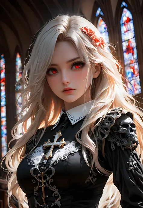 (80s anime style), cinematic lighting, best quality,single_human_girl,upper_body,extremely_detailed_eyes_and_face,church,annoyed,ink,illustration,depth of field,frown,expression,red_eyes,white_hair,extremely detailed,watercolor,anime face,skull_on_dress,yokozuwari,detailed_skeleton_church,beautiful_detailed_black_gothic_Empire_Waist_Dress,dramatic_angle,medium_breast,8k_wallpaper,bright_eyes, looking_at_viewers,close_to_viewers,masterpiece,messy_long_hair,1girl,lens_flare,light_leaks