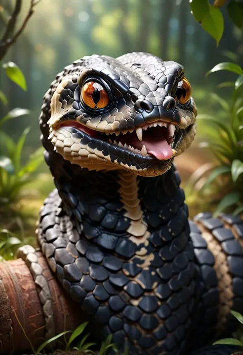 ASCII Masterpiece, (cosy), (ultra high res, mj,best quality,highly detailed:1.5),(cinematic),(volumetric lighting, volumetric shadows:1.5),Amazing, (8k details),(photorealistic:1.4), (warm lighting,ray tracing,dynamic lighting:1.5
a black rattle snake who gives a contagious, open-mouthed, full-throated laugh. This should be a ((masterpiece)) with a ((best_quality)) in ultra-high resolution, both ((4K)) and ((8K)), incorporating ((HDR)) for vividness. It uses a ((Kodak Portra 400)) lens for timeless, professional quality. Emphasizes a ((blurred background)) with a touch of ((bokeh)) and ((lens flare)) for an artistic effect. Enhance ((vibrant colors)) for a vivid look. Make sure the photograph is ((ultra-detailed)) and shows ((absurd)) details. Pay special attention to capturing the ((beautiful face or head)) of the subject. The goal is to create a ((professional photograph)) that is visually stunning and technically excellent.
