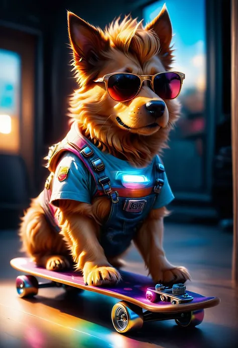 (masterpiece:1.2), (best quality,:1.2), 8k, HDR, ultra detailed, ((photorealistic)), professional light, cinematic lighting,ambient lighting,OverallDetail, a dog with sunglasses on a skateboard