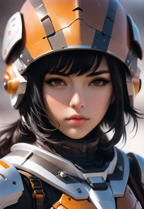 1girl, solo, looking at viewer, bangs, black hair, brown eyes, closed mouth, upper body, armor, blurry, lips, eyelashes, headgear, facial mark, helmet, portrait, science fiction, realistic, nose