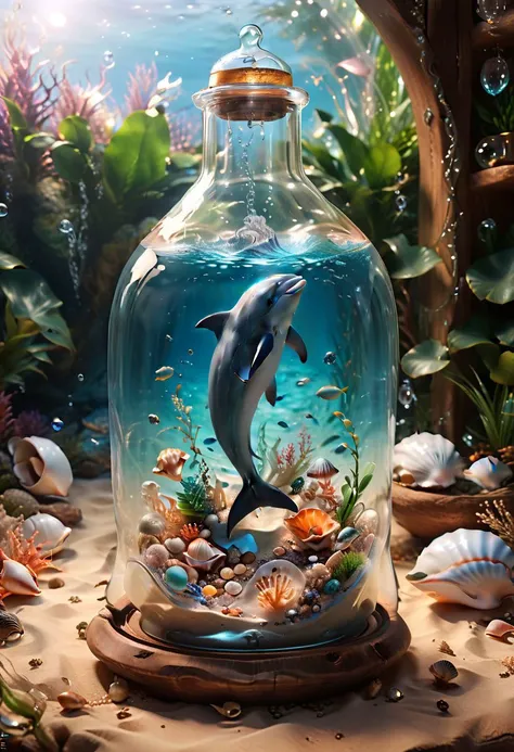 score_9, score_8_up, score_7_up, hyperrealistic, 8k, high qualit , hi res, best quality, high quality, absurd res, cinematic lighting, soft warm lighting,
(masterpiece), best quality, dolphin inside a magic glass ampoule, fantasy , pandora, shells, sand, vegetation ,ampoule on a rustic table