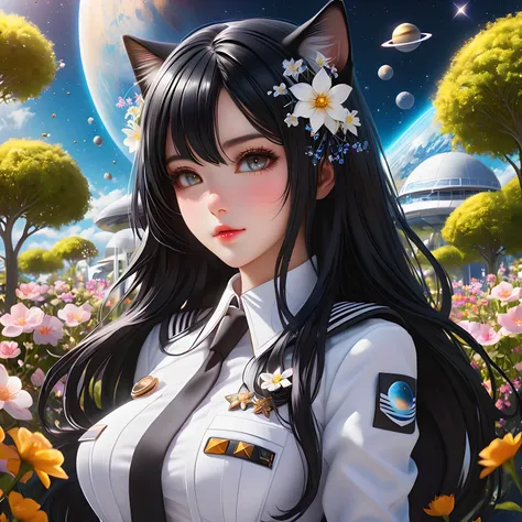 1 KAWAII cat girl. white gothic uniform, space port, flower garden, Bluesky, Light reflects on the skin.
black hair hair, Medium hair, amber eye, espresso skin.
Exact Physics. Perfect anatomy, best quality. ultra detailed.