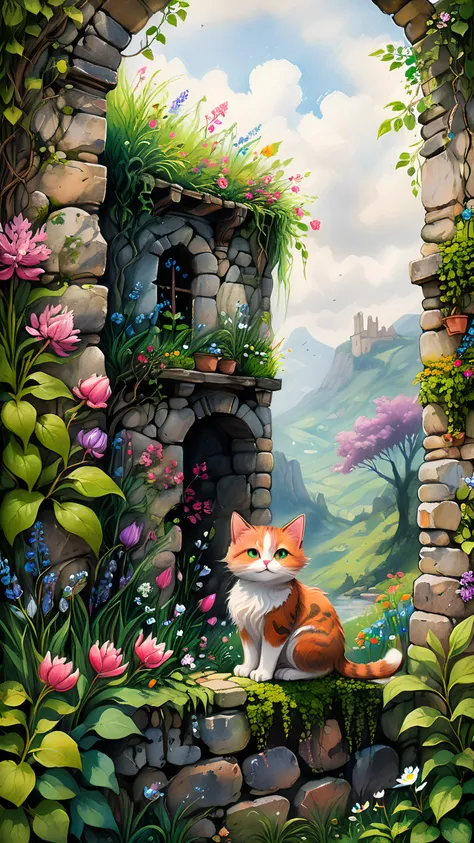 Highly detailed, rustic sketchbook style, outdoor sketching from life, hand drawn, a mix of oil pastels, charcoal, and pigment, a mysterious beautiful garden surrounded by an old stone wall, a cute cat sits on the wall, <lora:detailed_notrigger:1>, <lora:xl_more_art-full_v1:.7>