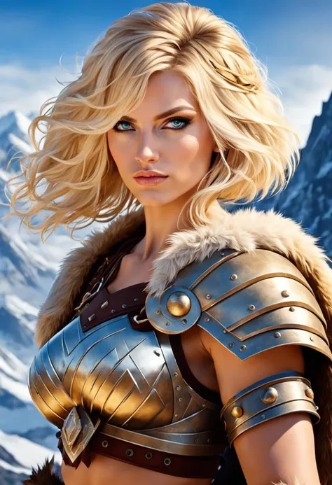 Beautiful blonde-haired female Barbarian Warrior, mountains in background