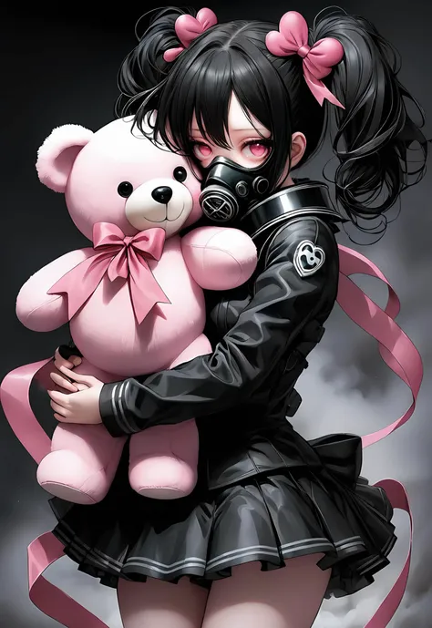 Darkness, horror, creepy, disease, mine - type, mass - produced type, gas mask, cross, ribbon, heart, slanted eyes, twintails, thick coating, black hair, pink eyes, hugging a teddy bear, art by hajime sorayama