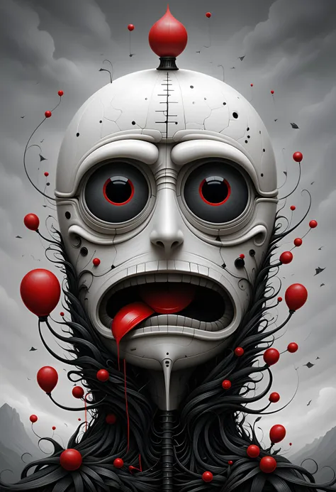 in the epic style of Anton Semenov, create something completely stupid in a very clear and simple design, using red and black colours, (and don't forget to add a small piece of beauty and (real fun):1.2), use sarcasm and really every kind of evil cliché, (masterpiece of unconventional Art:1.2), highest quality, 32k, intricate details,, <lora:sdxl_add-detail-xl>, <lora:sdxl_xl_more_art-full_v1:0.8>, <lora:sdxl_style_Anton Semenov_tbh118-sdxl:0.1>, , , , ,