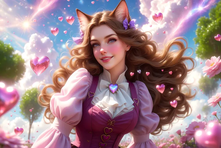 extremely beautiful,  incredibly detailed, (masterpiece, best quality:1.5), HDR, detailed background, steampunk /style/, pastel pink and purple, light particles, side lighting, reflective surfaces, (35 year old mature catwoman), brunette long hair, (wearing steampunk peasant clothes:1.1), gold trimmings, playful pose, smiling, pale skin, perfect face, highly textured skin, blush, valentine hearts floating in the air, priceless diamond shaped hearts, windy, summer park, fields of flowers, dreamy sparkles swirling and clouds merging, 