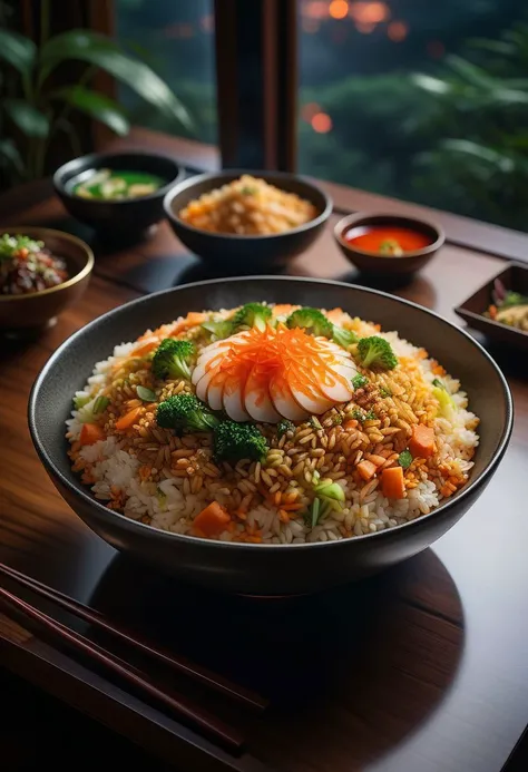 Ultra-wide photorealistic image,centered, photography, analog, | fried rice bowl dish, food photo, restaurant, table, japanese restaurant, | depth of field, bokeh, - 8k photorealistic masterpiece ,liquid tempera, calligraphy, acrylic: color watercolor, cinematic lighting, maximalist photo illustration: marton Bobzert: 8k concept art, extremely detailed, complex, elegant, vast, fantastical and psychedelic realism,