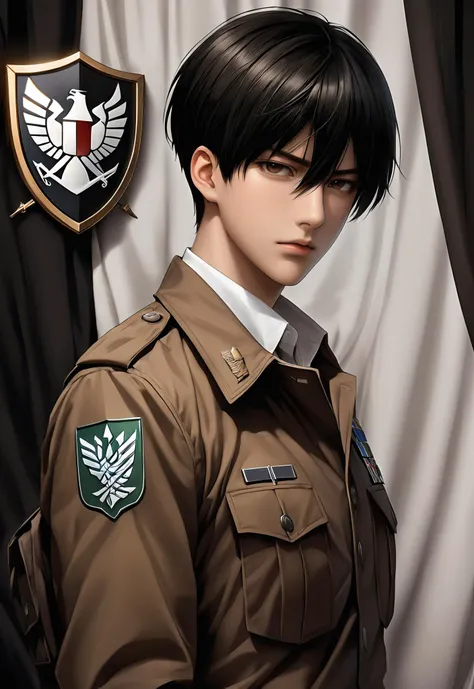solo, looking at viewer, short hair, bangs, shirt, black hair, 1boy, jacket, white shirt, upper body, male focus, collared shirt, parted bangs, black background, brown jacket, realistic, emblem, paradis military uniform, survey corps (emblem), curtained hair, levi (shingeki no kyojin)