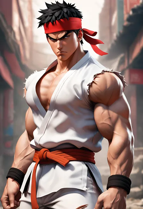 i want the whole image to be created in 3D anime style, solo, looking at viewer, short hair, black hair, 1boy, closed mouth, male focus, cowboy shot, sleeveless, torn clothes, muscular, headband, frown, scar, abs, thick eyebrows, pectorals, muscular male, bara, large pectorals, veins, black belt, serious, white pants, torn shirt, dougi, red headband, ryu (street fighter)