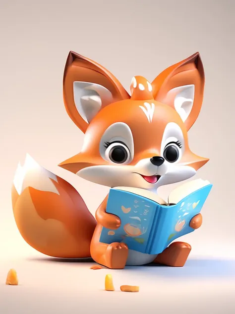 a cute fox reading a book, white background, 8k, 3D, cartoon style