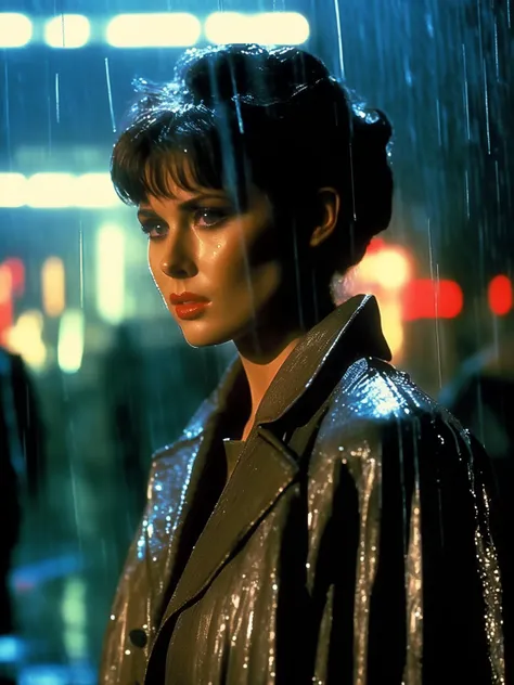 1girl detailed face sad coat dress blade runner rain 1984 dvd film, ( masterpiece,realistic, photorealistic), (best quality)