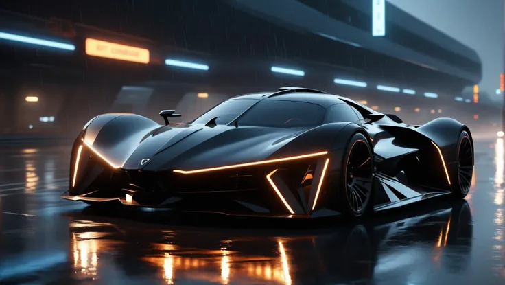 professional 3d model a cinematic render of a geometric black futuristic car speeding on a wet highway,night,strong key lights,4k,best quality,hd,8k,movie, . octane render, highly detailed, volumetric, dramatic lighting