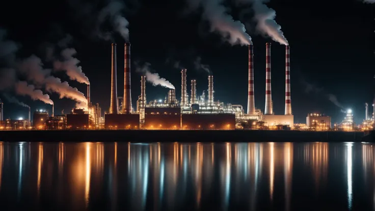 cinematic photo a realistic shot of a giant factory building complex standing over the black calm shiny water,night,chimney smoke,4k,best quality,hd,8k,movie, . 35mm photograph, film, bokeh, professional, 4k, highly detailed