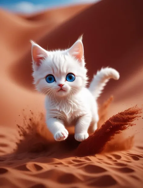 cinematic photo a realistic photography of a small cute white cat with a blue eyes,running and playing in red sand,hd,4k,photography,fluffy,animals,sandscape, . 35mm photograph, film, bokeh, professional, 4k, highly detailed