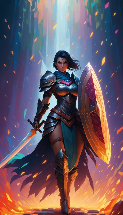 Pixel art of a fierce female warrior with a sword and shield in a fantasy setting, featuring vibrant colors, dynamic lighting, and a dramatic, epic mood