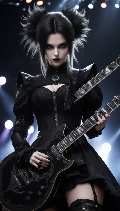 swedish metal rock girl holding a guitar, intense stare into camera, with gothic make-up, intricate details, highly detailed eyes, fancy hair and dark gothic dress, flash photo, on stage, intricate details