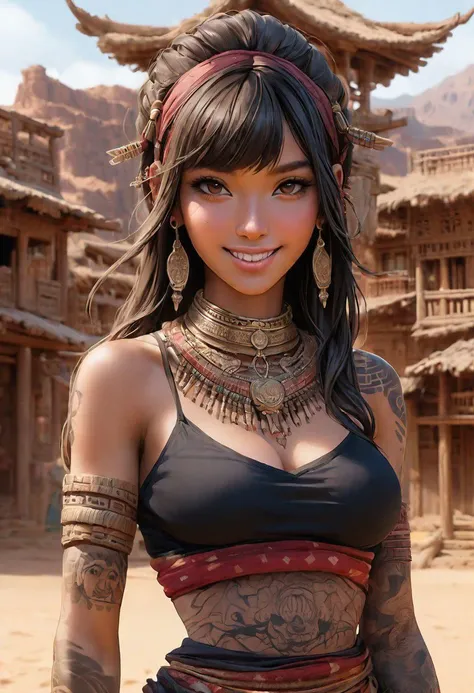 (masterpiece, best quality), dark-skinned female, asian features, ((intricate)), traditional clothes, a bit sexy, posing, desert, tribal, bracelets, town made from wood, hair ornament, jewelry, looking at viewer, wooden architecture, tribal civilization, (tribal tattoo:1.2), piercing, light smile, bangs, crop top,
<lora:epiC35mm:1> epiC35mm <lora:epiCRealismHelper:1> <lora:backlight_slider_v10:-1> <lora:muscle_slider_v1:1>