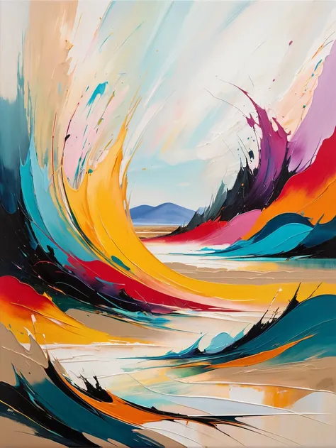 (Abstract expressionist painting, energetic brushwork, bold colors, abstract forms, expressive, emotional:1.69) ([Ethereal City:Celestial Enigma:0.6] glistens behind the Echoing Dunes in the style of [Shigeru Miyamoto:Kentaro Miura:0.45])