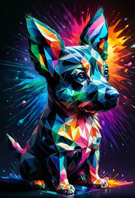 a silhouette design of a puppy, sunset design, t- shirt art, 3D vector art, cute and quirky, bright bold colorful., black background, watercolor effect, , digital painting, low-poly, soft lighting, bird's-eye view, isometric style, retro aesthetic, focused on the character, 4K resolution, photorealistic rendering, using Cinema 4D,front side