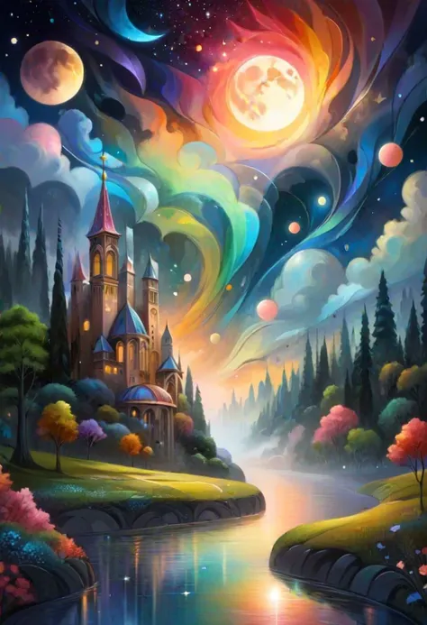 score_9, score_8_up, score_7_up, Dreamyvibes artstyle, Surreal landscape blending day and night, where a river of stars divides a cityscape merging with a forest. Architectural elements float, defying gravity, with a backdrop of a dual sunset and moonrise, High detail, ethereal glow, and vibrant color palette, anime style