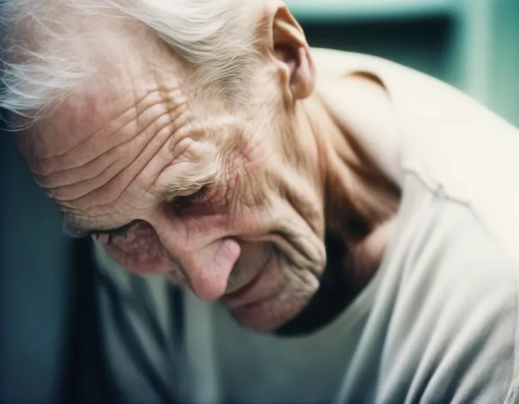 bent over, faded color film, wrinkly forehead, high depth and details