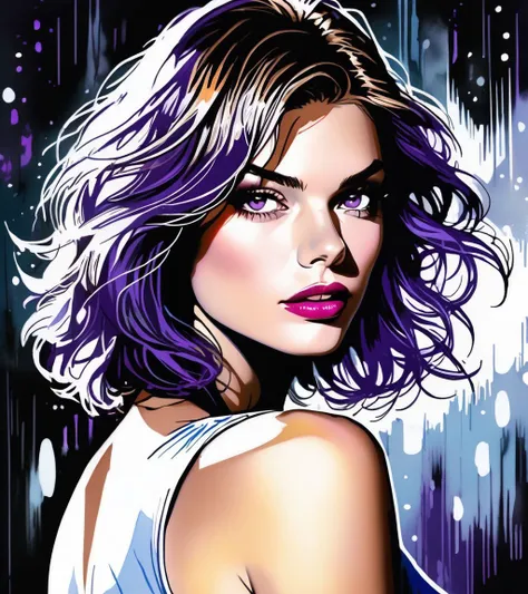 Lauren Cohan mixed with Olga Kurylenko, very wide shot, ,detailed hair, messy hair, purple hair ,analog, the contrast in colors and textures should be distinct highly detailed, surreal, vibrant yet slightly desaturated, faded film, desaturated, 35mm photo, grainy, vignette, vintage, Kodachrome, Lomography, stained, highly detailed, found footage ,((art by Mihly Munkcsy)) ,Power girl, supergirl, blonde