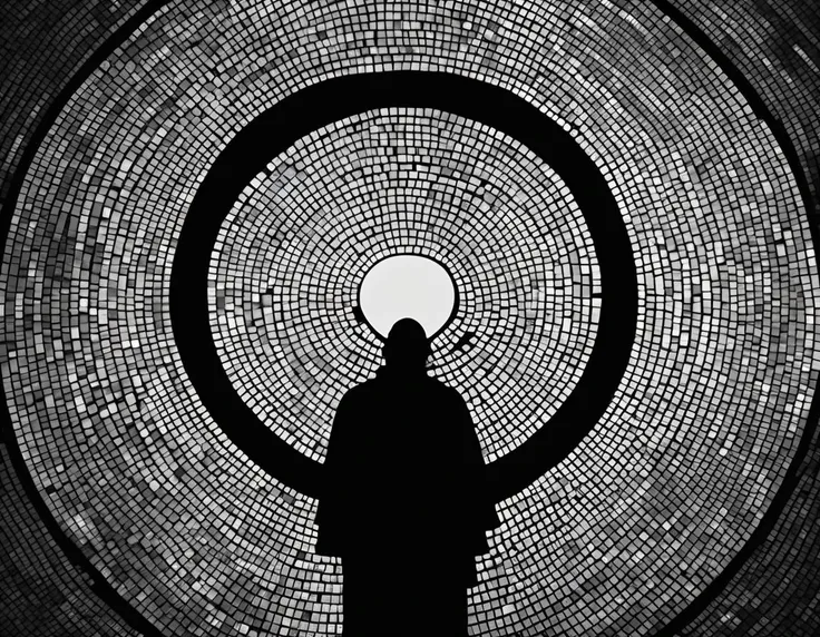 foggy mood, huge black circle, prayer, monocolor mosaics