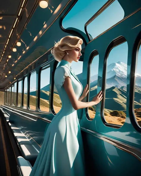 The prize-winning train photograph features a beautiful woman, standing at the window of one of the train's carriages, as it winds its way along a scenic road alongside the sea and a majestic mountain. The train's movement, combined with the woman's poised and graceful posture, create a sense of motion and fluidity. The soft colors of the sea and sky, combined with the rich textures of the mountain, make this a visually stunning image. The artist's skillful use of light and composition convey the romance and freedom of travel, making this a deserving prize-winning photograph. The train and the woman serve as symbols of adventure and exploration, and the breathtaking surroundings serve as a reminder of the beauty of the natural world.