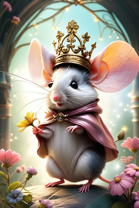 (Watercolor painting) of (art by Jean Ignace Isidore Grandville:1,3)  of (The Fairy Mouse, A tiny mouse with delicate fairy wings and a flower crown. Fairy pastels, floral pinks, and magical glows. Ethereal and whimsical:1.3),character focus,  Natural Lighting, Volumetric Lighting, Volumetric Light, Volumetric, absurdres, high resolution, (8k resolution), 8k, 8kres, 8k res, super resolution, ultra hd, megapixel, Establishing Shot, Deep Focus, Hip Level Shot, Quarter Turn Camera Staging, From Front, From Side,