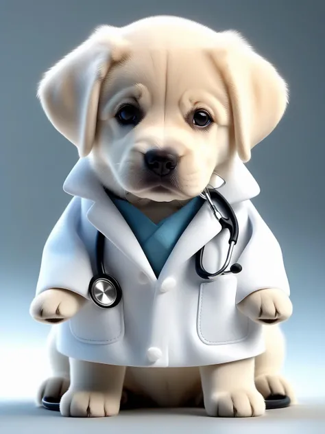 a lovable Labrador puppy sporting a crisp white lab coat and stethoscope, extremely realistic, warm light, ultra high quality down to the hairs, 8k, full hd, very high detail,