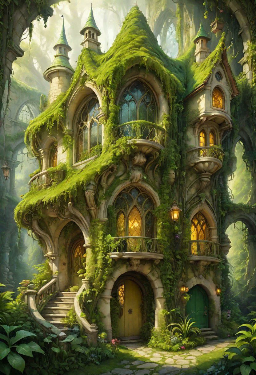 by Casey Baugh,Anton Pieck,
This illustration depicts a whimsical cottage enveloped by lush vegetation,nestled within a verdant and thriving forest. The architectural style of the cottage is unique,featuring pointed roofs and arched windows,with the entire structure being overtaken by green plants and vines,evoking a sense of age-old mystery. The warm yellow light emanating from
m fairy tales. Stylistically,it leans towards fantasy illustration,employing rich colors and meticulous details to craft an engaging imaginary world,
masterpiece,best quality,highly detailed,ultra-fine painting,sharp focus,physically-based rendering,extreme detail description,Professional,UHD,8K,<lora:miaojin_xl32:1>, gilding\\(style\\),